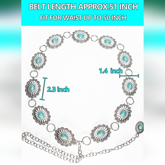 New concho silver and turquoise color chain belt. Fits up to 50" - Picture 4 of 4